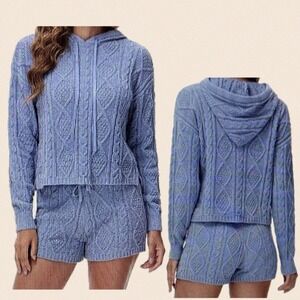 525 America L Blue Chenille Cable Knit Hoodie Shorts Relaxed Fit Lounge Set